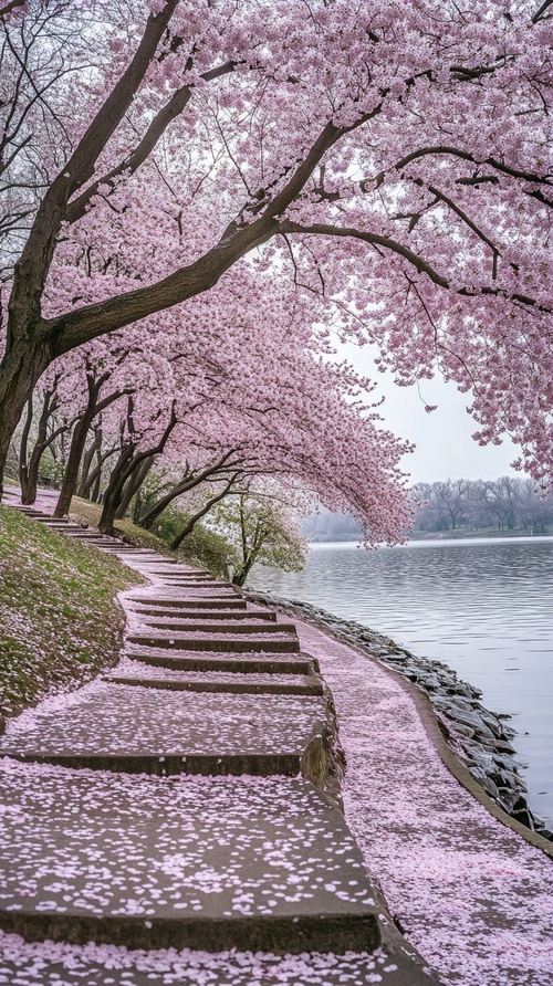 公园里美丽的圆形小径，单人步道，前景是全景的樱花树，路边步道旁倾斜的楼梯上有一排粉色的樱花，高分辨率，湖泊，满地都是花瓣，远景，高分辨率，精细高清