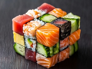 Create an image of a Rubik's Cube made entirely out of sushi ingredients, including slices of salmon, tuna, shrimp, and pieces of avocado and cucumber, set on a dark wooden table surface. The sushi Rubik's Cube should appear intricately assembled, with each segment made from a different sushi element. The cube should be the central focus and detailed, with a slight glossy look to the seafood to suggest freshness. The background should be minimalist to keep the attention on the sushi Rubik's Cube