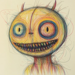 a sketchy drawing with many lines,colored pencil sketch, naive, [主体],depicting ,weird portraits,plushy toy,art style by Henry Moore.