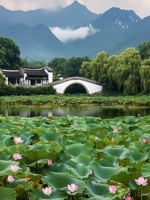 白天的安徽宏村，远处是连绵的山，隐没在云雾中，山下是徽式建筑，白色墙壁，灰色屋顶，屋檐下挂着灯笼，近处是一大片荷塘，荷花盛开，荷塘中间有个拱桥，超高清画质