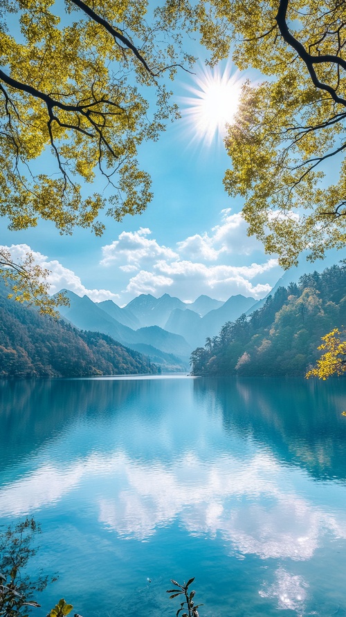 风景斑斓的山脉起伏，五彩斑斓的花海绽放，清澈的湖水映照蓝天，阳光透过枝叶洒下温暖的光斑，微风轻拂，鸟儿在天空中飞翔，树林中偶尔传来松鼠跳跃的声音，整个画面充满了生机与活力。