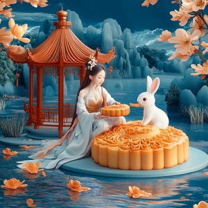 A beautiful woman and a white rabbit sit on a large mooncake, eating osmanthus tree mooncakes together. Behind them is a large pavilion with poster design and exquisite masterpiece. It is an 8K, 3D cartoon miniature scene, with a calm water surface background, blue water surface