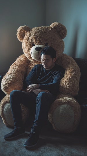 A middle-aged Asian man sitting in the arms of a giant teddy bear, professional photography, Hasselblad camera, ultra-sharp fine details, 32k UHD, HDRI ar 12:16 s 340 q 5 original style