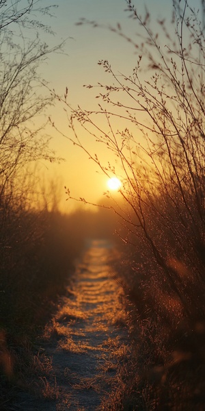 晚风拂柳，细长的柳枝轻轻摇曳。夕阳西下，柔和的余晖洒在荒凉的古道，映出微弱的金色光晕。天空逐渐染上苍蓝与橘色，伴随几缕逐渐消散的云彩，空气中弥漫着淡淡的思绪与伤感，令人感到萧瑟而孤寂，周围静谧无声，仿佛时间停滞在这一刻。