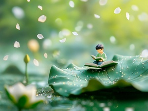 Top view, miniature landscape clay material, a very cute Chinese boy sitting on a lotus leaf reading a book, lotus petals falling from the sky, macro photography, blurred background. High-quality, ultra-high resolution images show bright colors and strong ligh.