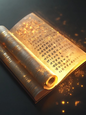 An unrolled ancient Chinese rice paper book , opened and placed , glass material written with Chinese characters in gold , transparent , light blue , white , light gold ,C4D, OC renderer , dreamlike , combined with the sense of the ancient and the future , three - dimensional ancient , bioluminescent , a beam of light , three - dimensional ancient , romantic ancient , light yellow , clean background , Zhao Wuji , Clear particles , clear light and shadow , real and virtual fields , ultra - high resolution ,