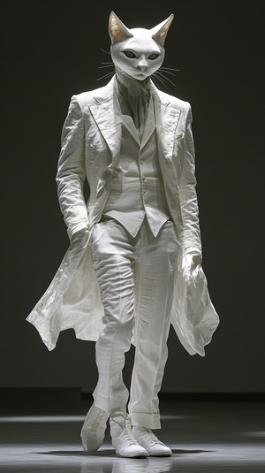 Full body, anthropomorphic white cat Wearing Armani fashionable men's clothing and shoes,A tall and slender figure, high-end design style, Paris Fashion Show, Pure gray ground, Performance art photos, anthropomorphic,Long Shot, White gray color tone, Full body, Dynamic capture of runway shows