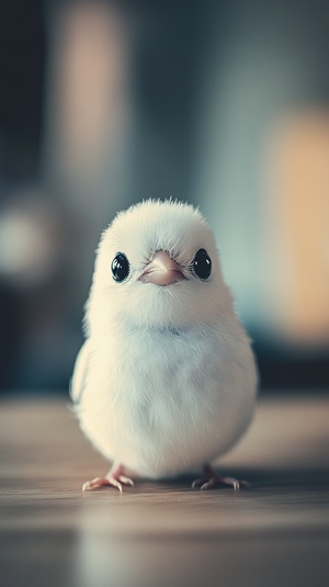 A cute little white bird with black eyes, fluffy and furry all over its body, sitting on the table, very adorable, in the style of cute, high-definition photography, super details, cute expression, close-up shot of chubby face, cute pose, cute background, real photos.