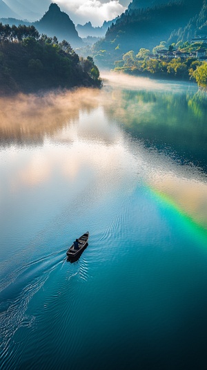 A fisherman is rowing a small boat in a lake,Rainbow clouds and mist rose over the water,drone perspective