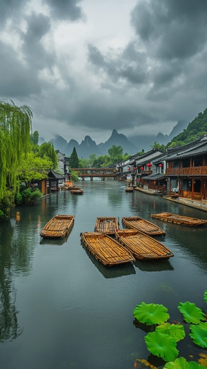 桂林水乡美景，灰蒙蒙的阴天，雨季，乌云密布，天空下着雨，真实拍照感，超高清，房屋和树木，复古灯笼，清澈的湖水，几条大木船，船工站在甲板上撑起竹筏，8k，超广角，远景，饱满，水莲花，荷叶，小桥，大师作品。体现出万重山