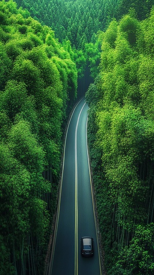 一条长长的道路蜿蜒穿过竹林，宽阔的道路两侧绿树成荫。高大的笔直树木在道路旁边形成了一道无尽的墙壁，它们的绿叶在微风中沙沙作响。一辆车沿着山路行驶，其车灯穿透茂密的竹林树叶，营造出一幅宁静的场景。高清细节和高分辨率捕捉到这种宁静景观的美丽，以自然摄影师的风格展现出来。