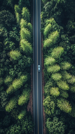 一条长长的道路蜿蜒穿过竹林，宽阔的道路两侧绿树成荫。高大的笔直树木在道路旁边形成了一道无尽的墙壁，它们的绿叶在微风中沙沙作响。一辆车沿着山路行驶，其车灯穿透茂密的竹林树叶，营造出一幅宁静的场景。高清细节和高分辨率捕捉到这种宁静景观的美丽，以自然摄影师的风格展现出来。