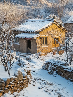 农村泥土房屋，雪景，房子很破，土墙，栅栏