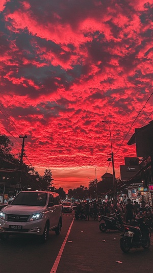 印尼天空中的红云,傍晚时分巴厘岛市的街景,路上有车辆和行人行走在人行道上,同时也有摩托车或汽车行驶着,道路两侧的建筑清晰可见,天空中有着红色的云朵,满是红色云朵的天空,日落时分,照片中部的天空有一些白色的云朵,整个天空充满了红色的云朵,照片是从相机的前方拍摄的,有几个人站在角落附近的商店一侧,仿佛是为了这张照片而聚集在一起的。