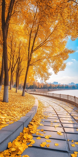 Beautiful Circular Path in Park with Ginkgo Trees and Lake