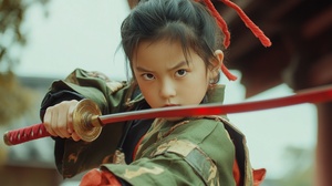 Cinematography with dynamic action shots of a 10-year-old Chinese boy in matcha green samurai armor and yukata mix, he's cute without weapons, red costume with red rope tied to his hair, realistic, wielding a red knife, dynamic pose, strong wind c 0 s 250 v 6.0 ar 9:16