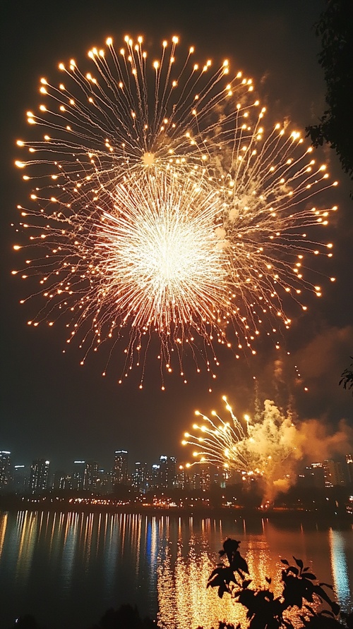 节日烟花，绚烂的烟花，夜空的点缀，烟花的绽放，节日的欢呼，烟花下的许愿