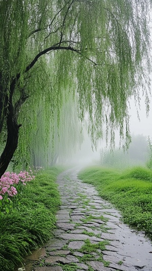 下雨天，一棵绿色细高的小柳树，柳枝垂挂，旁边一条石板小路，小路边长满了绿色的小草和小花，有一种雾蒙蒙的感觉，绿的颜色要淡一点