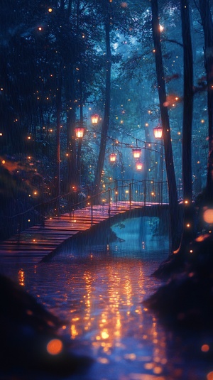 Beautiful and transparent picture, the dream forest after the rain, beautiful fire elves, rainbow bridge, fireflies flying on the wide lake，The beautiful dreamy stars in the lake sparkle，Soft lighting, super-wide lens,Fog astigmatism, HD 4K, HD beautiful pictures ar 9:16