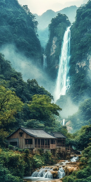 宁静大山中的巨龙瀑布与温馨木屋