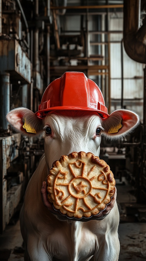 Animal photography, a cow, wearing a red hard hat, holding a large moon cake, put it to the mouth, fine details, realistic, the background is a factory, machinery and equipment, the background is blurred,