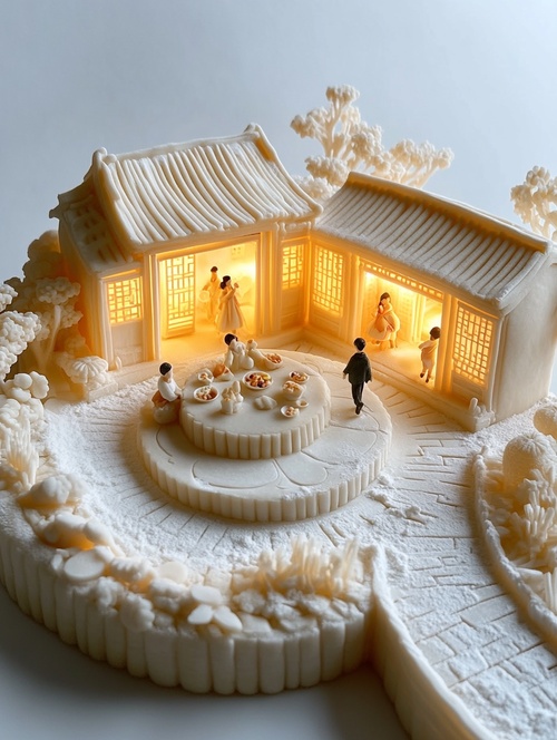 Miniature model, a huge mooncake with open glowing doors and windows, where a family can be seen gathered around a round table happily having dinner. There is a curved path formed by white flour around it, and a pedestrian carrying a backpack walks home to reunite with their family. The clean white background is perfect