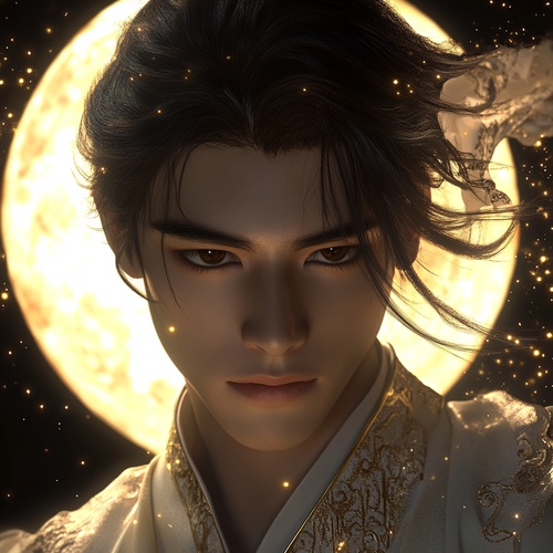 1:1 avatar, oriental hou'yi handsome man on the golden bright round moon, cloud, sparkling stars, fantastic sky, high-quality visual effects, realistic 4K picture quality, close-up, eye level, decoration in the hair,octane render, HD, rich details, glamorous, soft warm lighting, eye contact, cartoon style