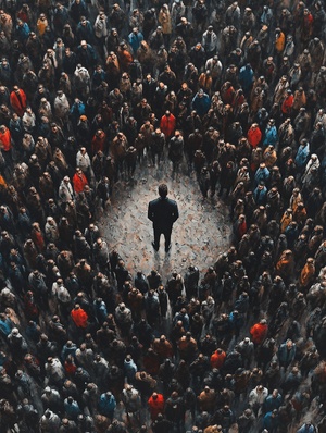 Crowd Forms Circle Around Man in Black Overcoat Viewed from Above