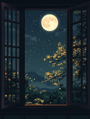 黄色桂花，,窗外中秋夜景,满月当空,山水夜景。窗户由黑色木框组成,古代窗户。通过一扇打开的窗户可以一览无余地看到星空下的广阔中秋夜景,风格是传统的东亚山水画。