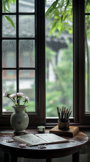 禅意小桌子与雨中景致的诗情画意