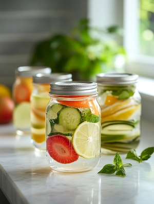 photograph of fruit infused detox waters in plain mason jars lined up, natural light, plant beside, white stone counter, captured with phase one XF IQ4 camera or Sony Alpha 1 (A1) following rule of third, 200 mega pixel lens, fast prime lens, fast shutter speed(164000), precise focus, uhd image ar 85:128 s 50 v 6.0