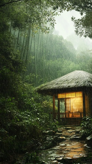 天空下着雨，竹林里，有个小屋，可以喝茶，很舒服惬意，自然风景，很治愈，很有安全感