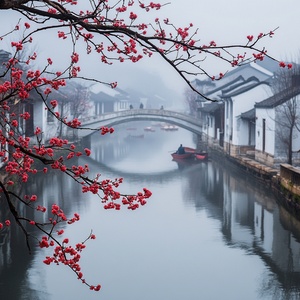 江南水乡宁静的风景,前景有红色的梅花盛开,背景是洁白的墙壁,小桥和船只轻轻地滑过河流,雾蒙蒙、雨蒙蒙的氛围,高清摄影捕捉到了微妙的细节,全景包含了远处的山脉,自然光线以及在河面上平静的倒影,所有这些共同营造了一种平和的氛围。