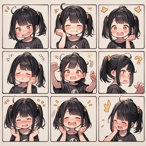 acute little girl with black hair, happy face,wearing a t - shirt, emoticon bag, 9 emoticons, emoticon Symbol table, multiple postures and expressions, anthropomorphic style, different emotions, multiple poss and expressions, 8k ar3:4s 750 niji 5