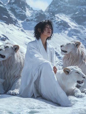 An Asian witch with short black hair and a white robe kneels on the frozen ground with her lions frolicking. Ice and snow, revenge. surrealism, surrealism, realism, 8K