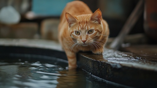 特写镜头，一只橘猫，站在水缸边上，看向镜头，水缸里有水，