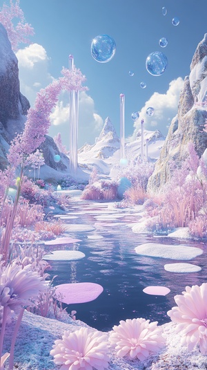 3D illustration of an ethereal fantasy world, with a pale purple and blue color palette,featuring floating islands in the sky, a serene lake with bubbles at its edge, flowers growing on ice,little fairies flying around, and whimsical creatures peeking out from behind clouds. In the foreground is a small garden filled with oversized petals, surrounded by soft pink grasses and wildflowers. The background features snow-covered mountains under a clear sky. This scene exudes tranquility and magic. The illustrati