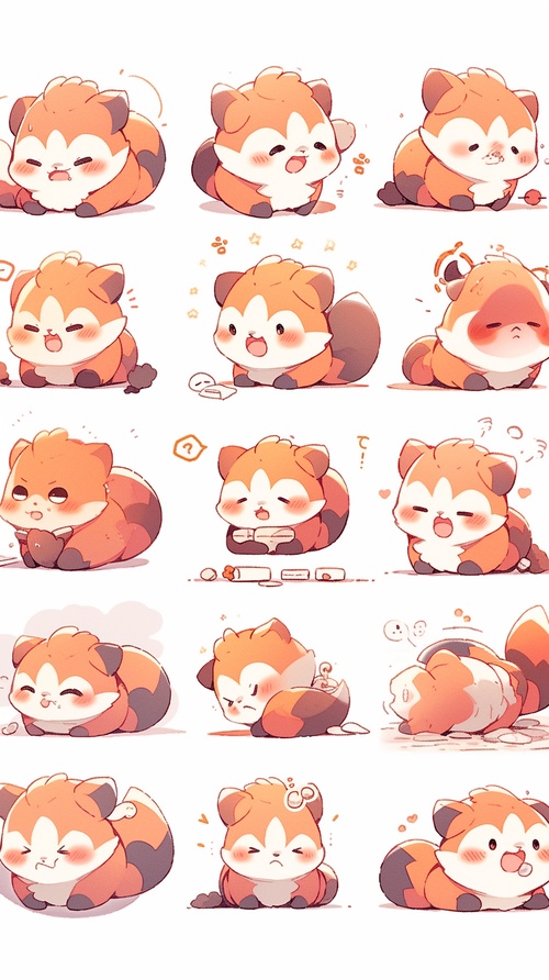 A cute red panda, face close-up, expression close-up,whole body piggy expressions and movements,exaggerated movements, happy, angry, sad, surprised,happy, etc. various emotions, white background, qversion, sticker art design