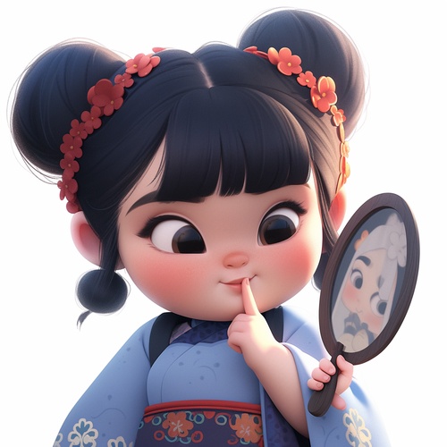 A super cute little girl with bigeyes and long eyelashes, Blow a kiss forthecamera ,wearing an embroidered blue dressand holding a fan-shaped mirror in her handsuper cute expression, Chubby cheeks, longblack hair tied into two braids, pink flowerearrings on her ear. The focus is on herface ,cartoon style, Chinese painting. whitebackground, 3D rendering. niji 6 aspect1:1 stylize 750 quality 2 chaos 0 fast