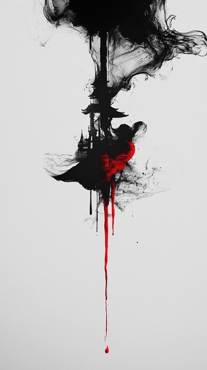 TMinimalism, ink artistic conception, large blank area, fluid ink, flowing black and white ink, viscous liquid, artistic, clean and simple, luminous particles, hanging, tiny red ancient buildings, floating on ink, black and white tones, slight red, light gray background, OC rendering, 8k.ar 9:16 v 6.0