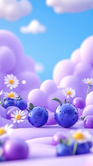 Logo design, blueberries, cloud and flowers, cute style, Violet blue background, colorful elements, bright colors, cartoon illustration style, 3D rendering effect. The logo is composed of clouds, blueberries and small daisies, with a simple composition. It has exquisite details on the surface of the fruits,highlighting its vitality.， in ar 9:16v 6.1