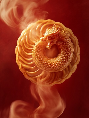 plmooncakeanything,Top-down view，Theme: Mooncake at the center，Golden light emanating from the mooncake，A dragon spiraling out from the mooncake，The dragon's head in the air, tail still coiled within the mooncake，Leica lens level of detail，Red silk backdrop，Misty clouds，Dreamy and ethereal，High-end advertising quality，Cinema 4D (C4D)，8K