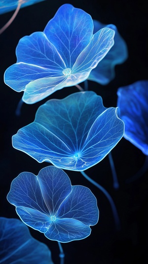 blue lotus leaves, bioluminescence, glow in the dark, black background, art installation, installation design, ethereal style, Chinese water lilies, translucent petals, fluorescent flowers, cyberpunk, biopunk, futuristic technology, holographic projection, light painting, glowing plants, high definition photography, minimalist stage design, x-ray film, luminous blue and green, surrealistic. ar 9:16 v 6.1