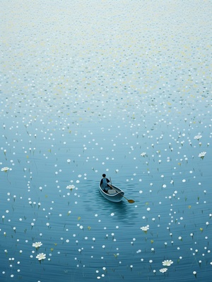 In the light blue water surface with texture and texture, there are many small yellow flowers, texture, texture, pointillist painting style, pointillist painting style, the style comes from ryo takemasa, a person rowing on the water, vista, minimalist style, illustration style, flat wind, texture sense