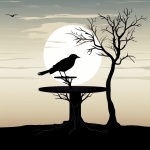 乌鸦站在桌子上，左边有一棵光秃秃的树，桌面很干净，背景简约