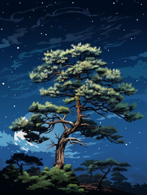 干净的夜空，特写一棵大松树，国风工笔画，数字艺术，扁平插画，国风插画，