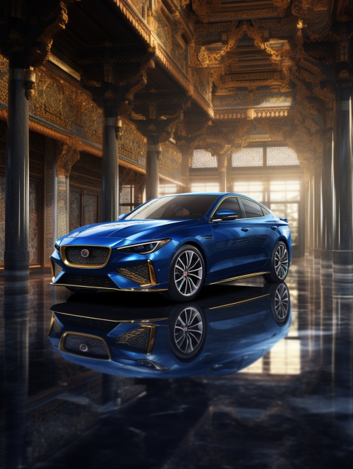 Luxury car, 45 degree shooting, car panorama, sapphire inlaying, blue and gold color matching, fine painting of Chinese classical pattern,advanced, meticulous, luxurious, halo, realistic details, real shooting, high-definition picture quality