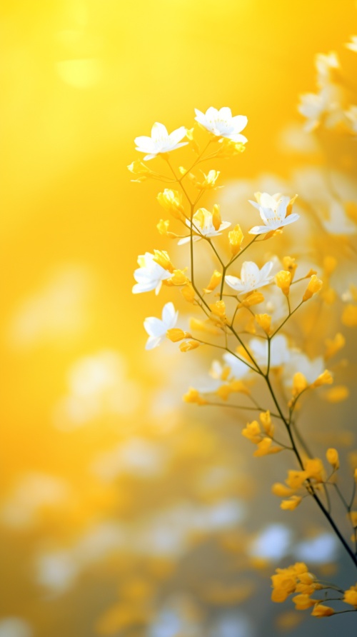 远处薄雾笼罩青山下成片的迎春花花海 1. 颜色：黄色、金色、明亮 2. 形态：花朵、花瓣、花蕊、枝条、叶子 3. 场景：春天、花园、草地、阳光、微风 4. 氛围：生机勃勃、欢快、温暖、希望 5. 其他：绽放、芳香、蝴蝶、小鸟 ，超高清，超细节。