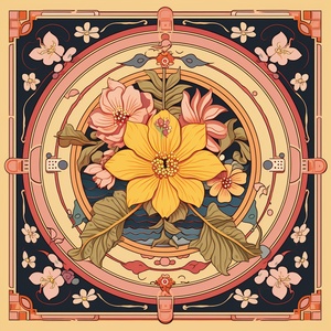 A graphic style illustration symbolizing a flat surface, with flying and plant patterns on four diagonal lines. The center features auspicious lotus patterns, complemented by auspicious totems and a pleasant atmosphere of encounters. Rotational symmetry, surrounded by tangled branches and flowers, with clear geometric flower color boundaries, suitable for overall patterns, high-end yellow pink color scheme, with a whole lotus flower in the middle as decoration AR 1:1 6.0 version