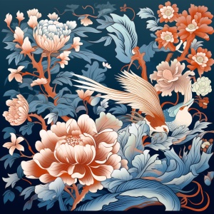 中国传统纹样，其中花枝繁茂，以一种花为主要元素，图案中包含动物、植物，表现优雅的艺术风格，以一个颜色为主，两个颜色为辅